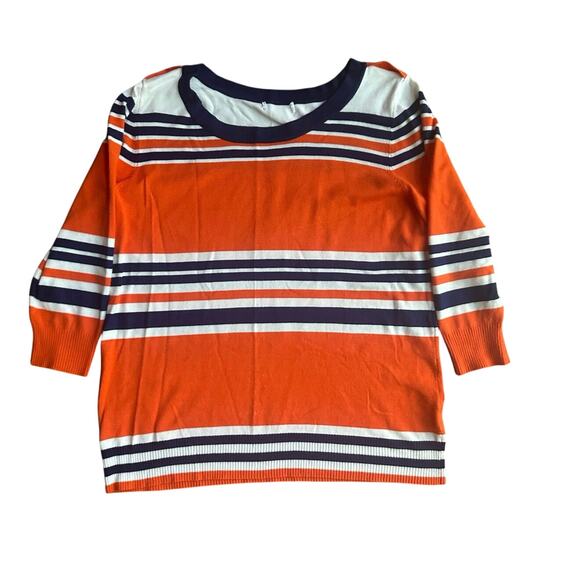 Orange Navy Polo Style Stripes 3/4 Sleeve Round Neck Lightweight Sweater - Picture 1 of 5